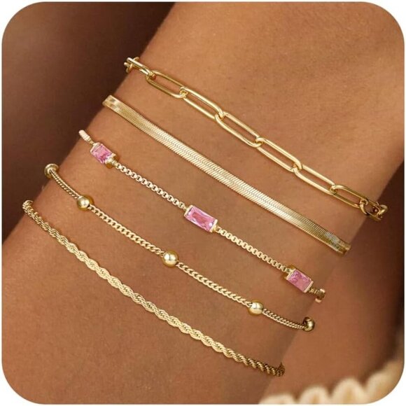 Birthstone Gold Bracelets for Women Water-Resistant 14K Gold Plated Dainty Stack - Picture 1 of 8